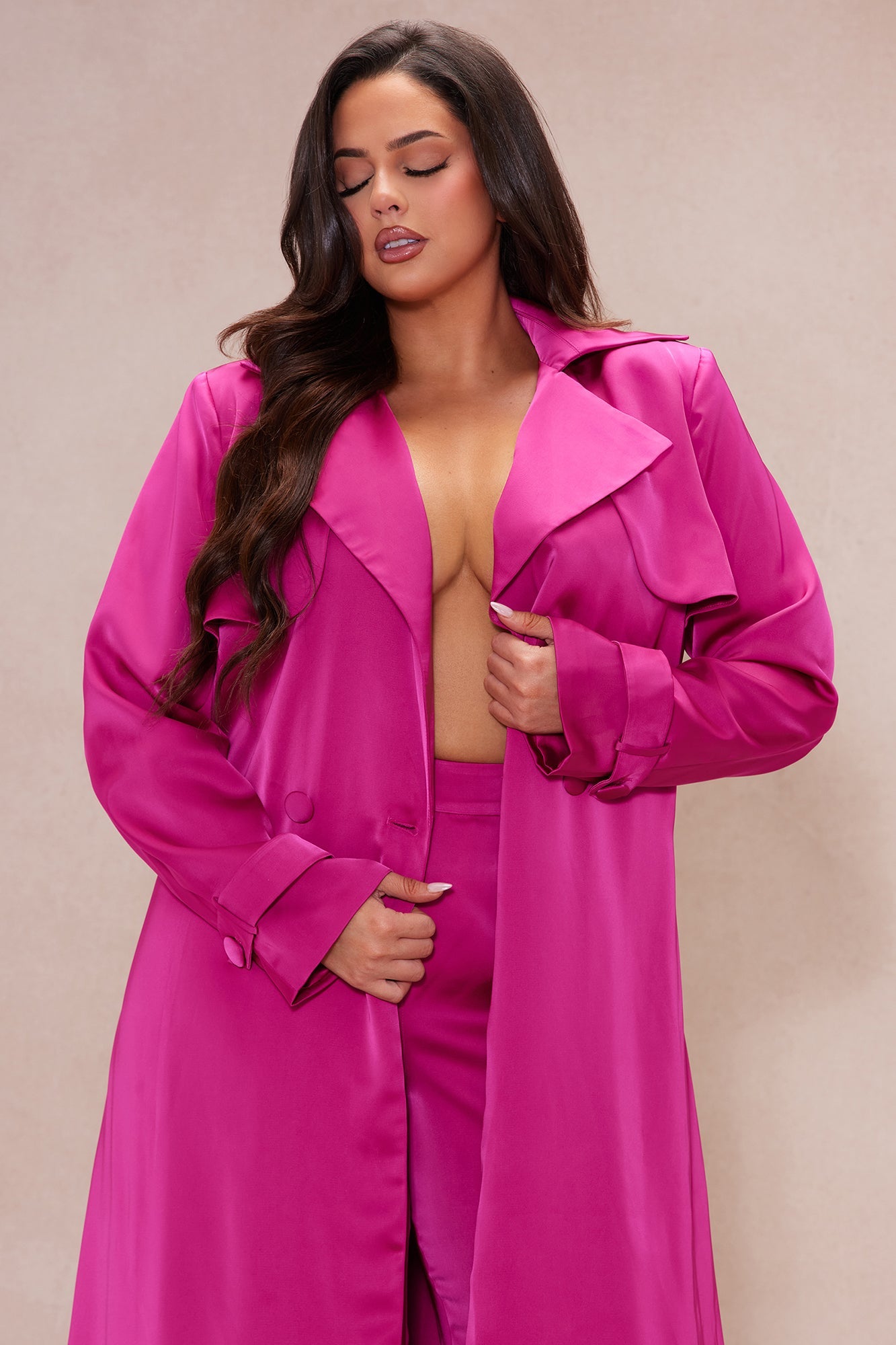 Gabriella Satin Trench Coat And Pant Set - Hot Pink