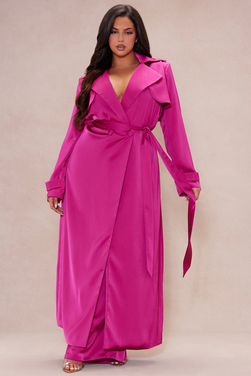 Gabriella Satin Trench Coat And Pant Set - Hot Pink