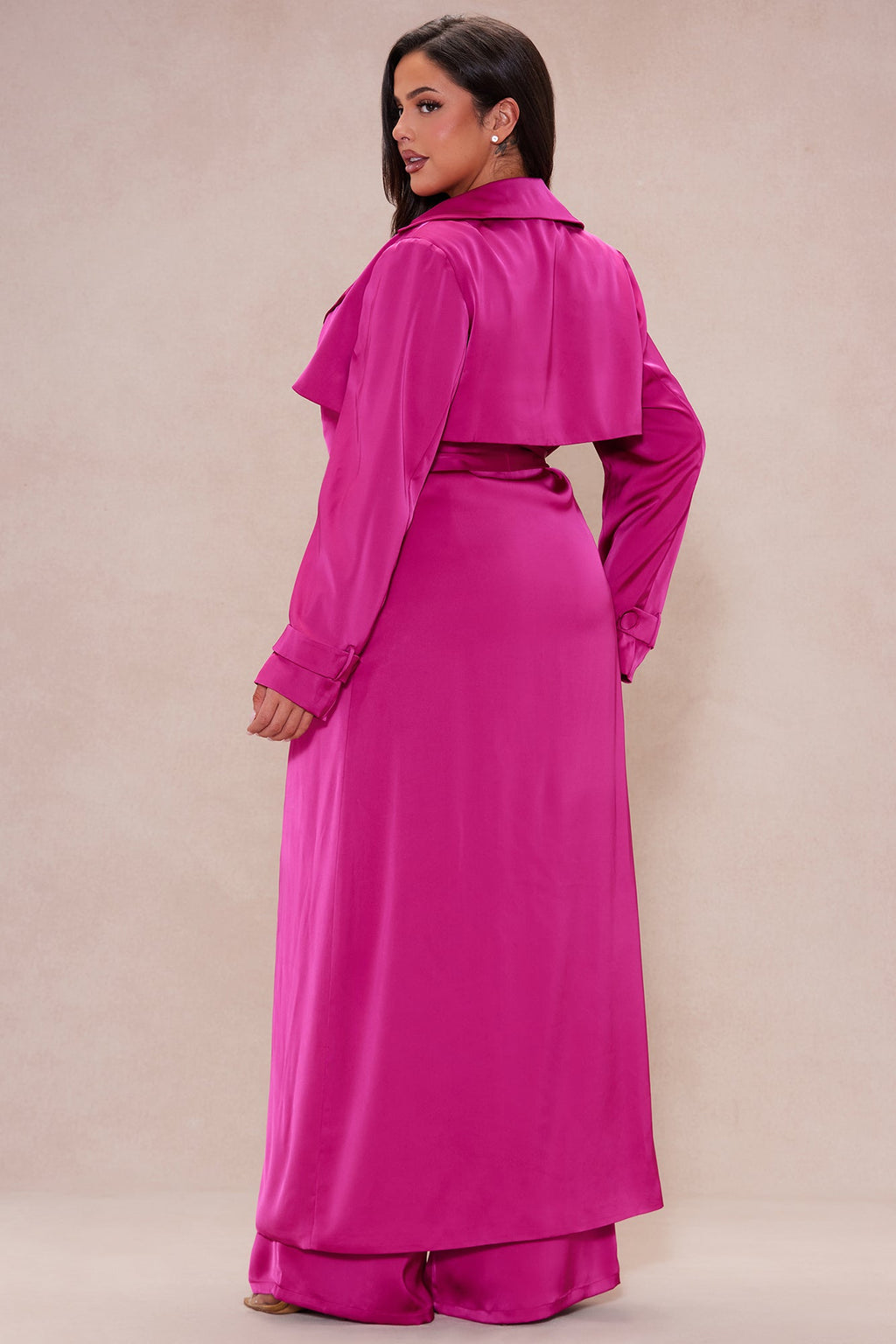 Gabriella Satin Trench Coat And Pant Set - Hot Pink