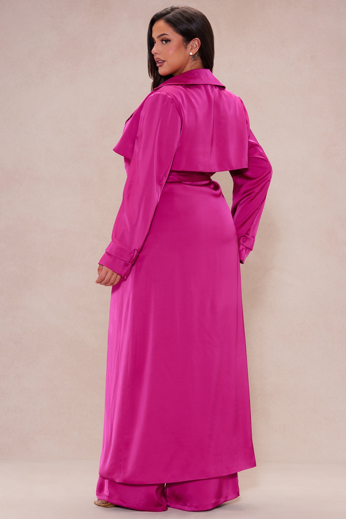 Gabriella Satin Trench Coat And Pant Set - Hot Pink