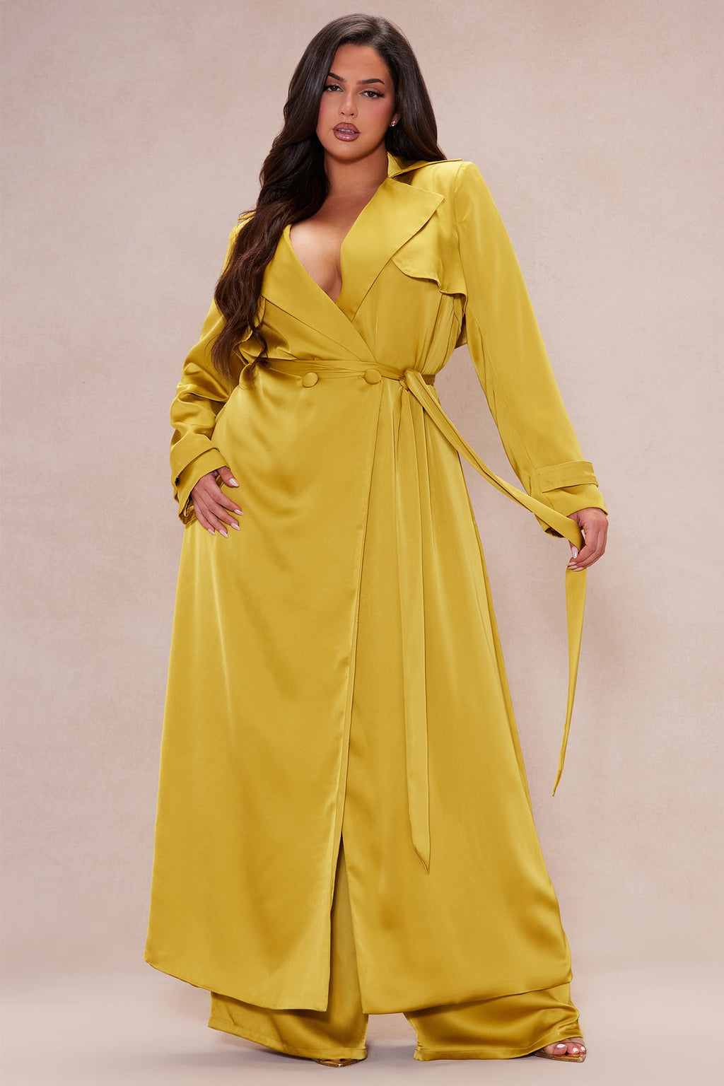 Gabriella Satin Trench Coat And Pant Set - Chartreuse