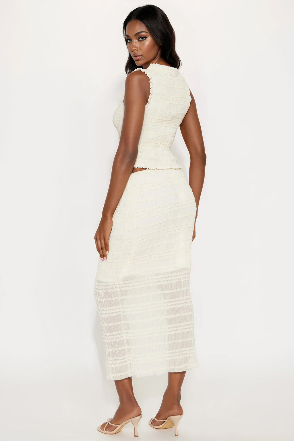 Daisy Darling Chiffon Smocked Maxi Skirt Set - Ivory