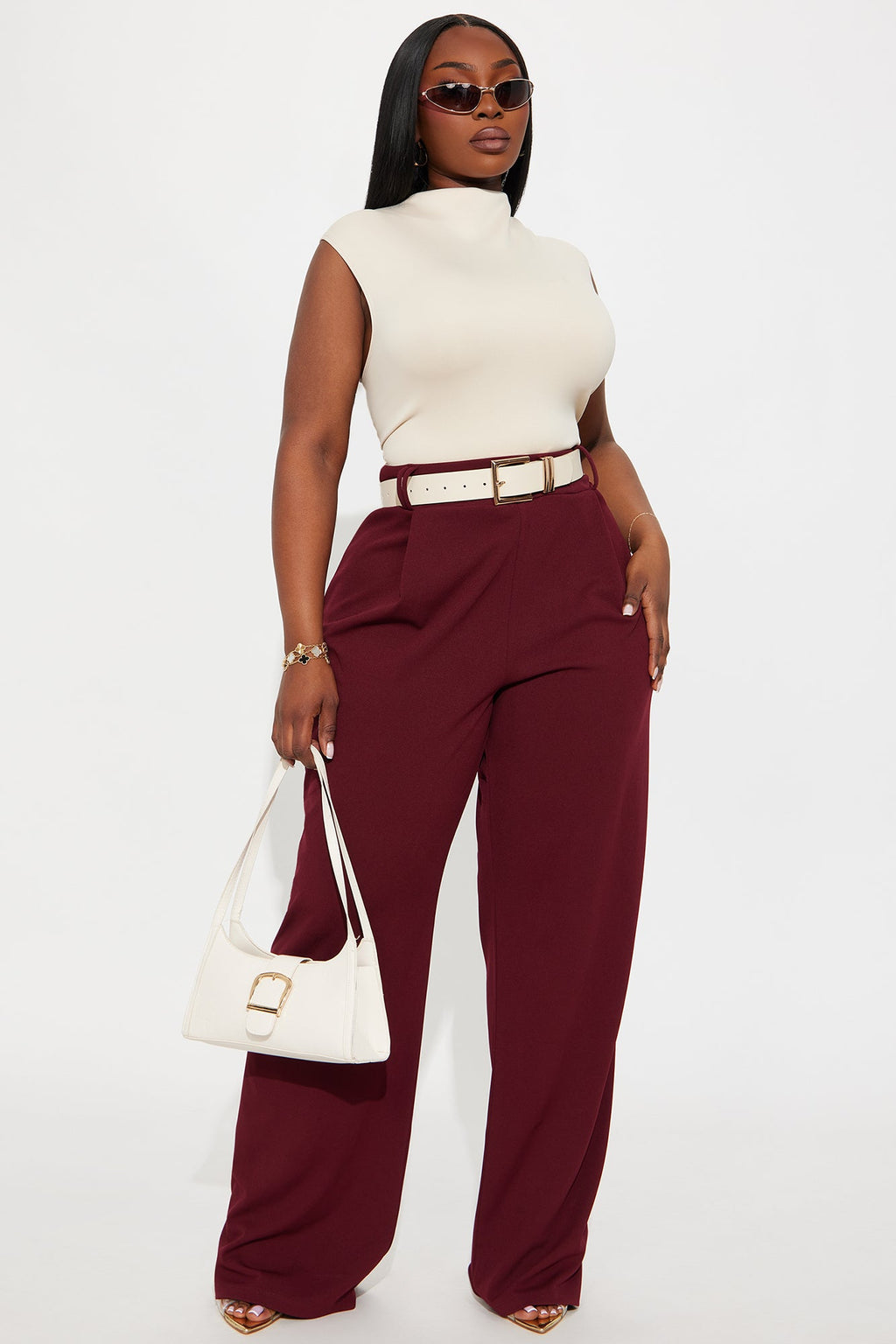 Late To The Meeting Wide Leg Trouser Pant - Burgundy
