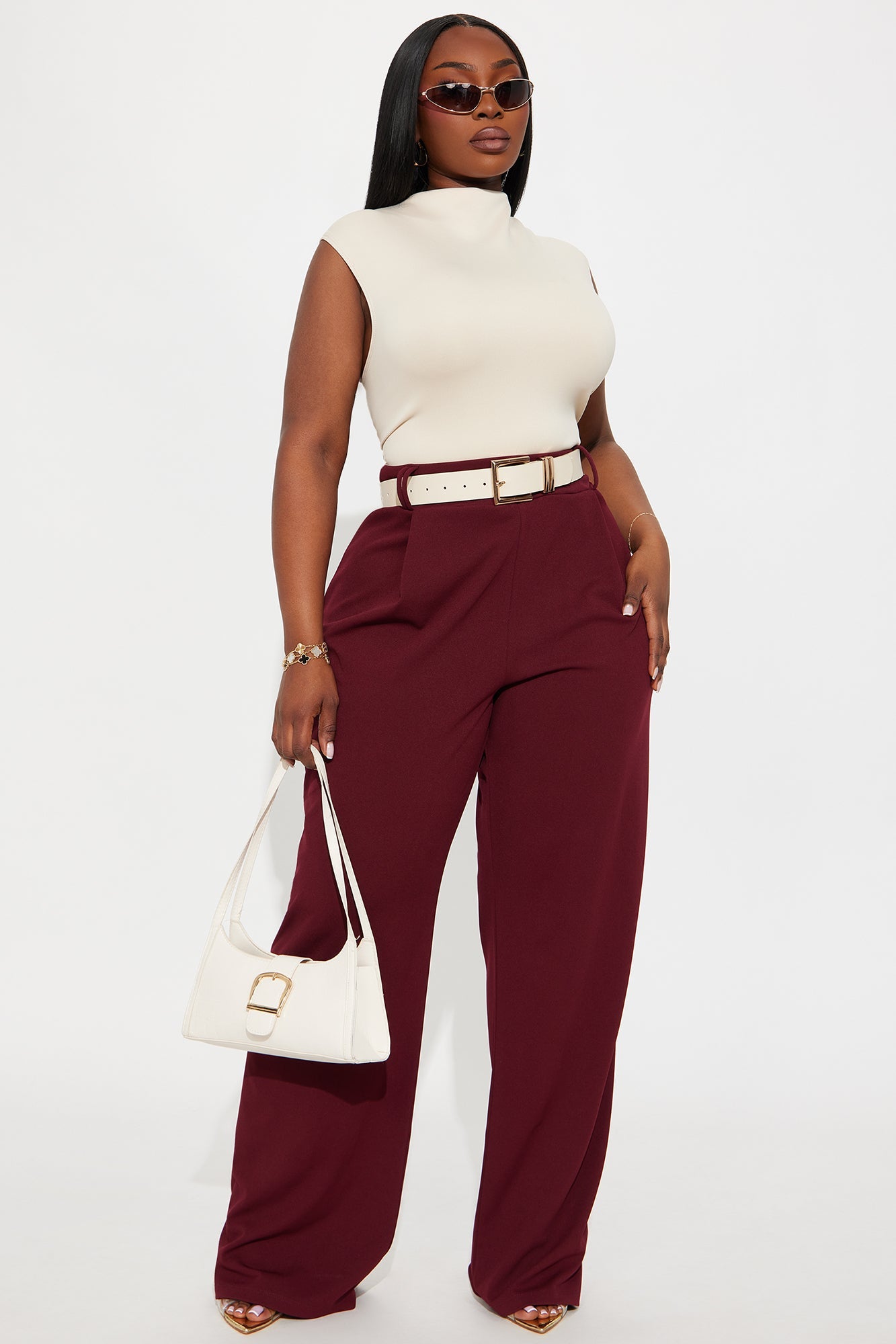 Late To The Meeting Wide Leg Trouser Pant - Burgundy