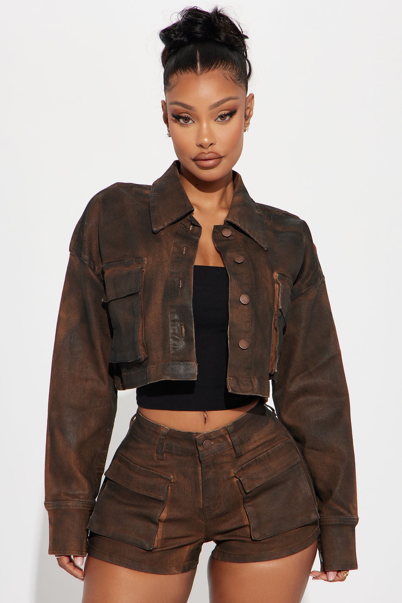 Taking Control Cropped Trucker Jacket - Chocolate