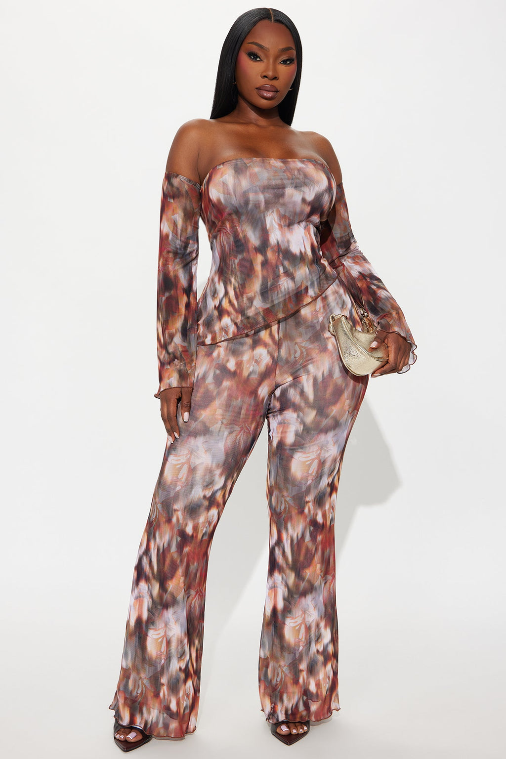 Miranda Mesh Asymmetrical Pant Set - Brown/combo