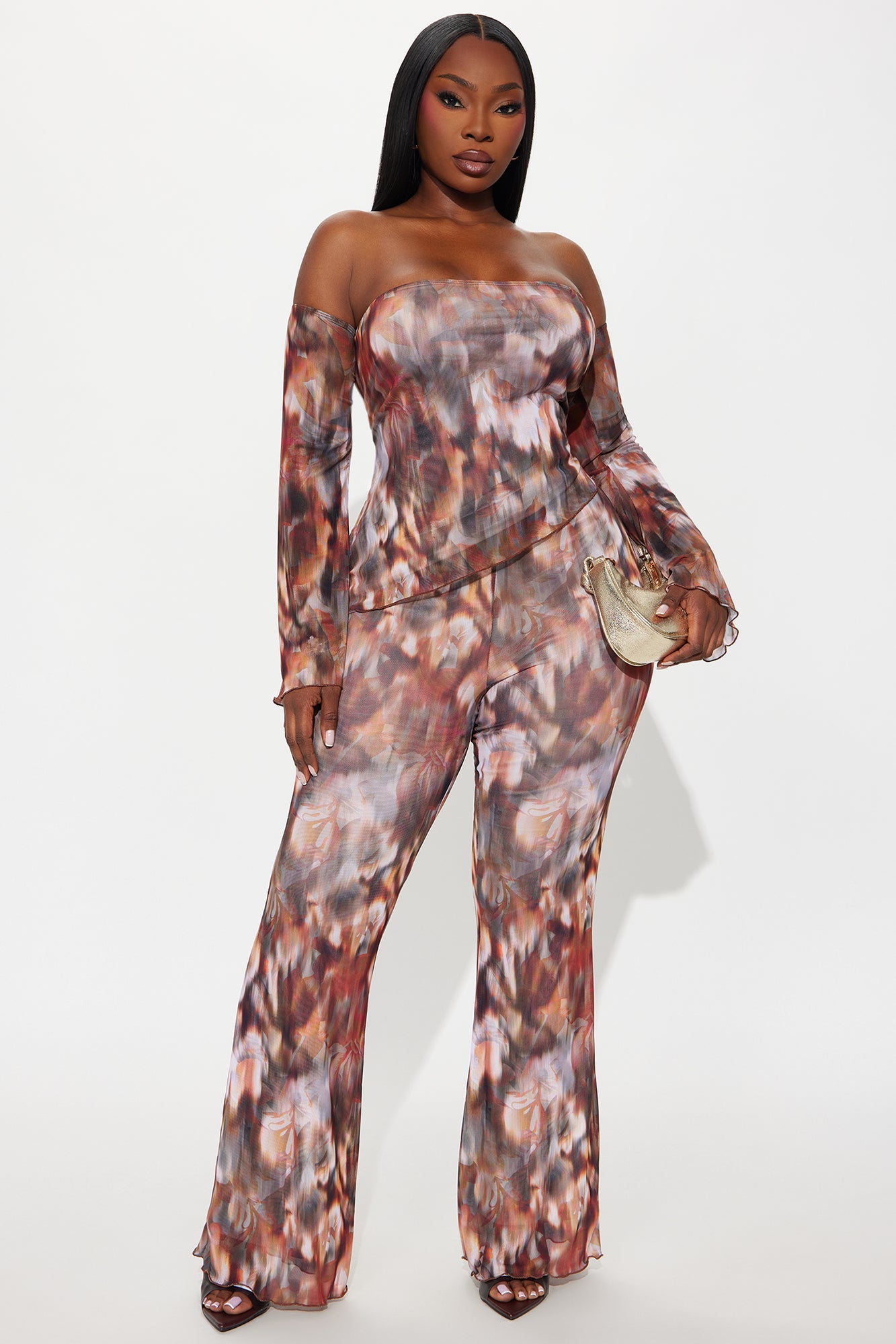 Miranda Mesh Asymmetrical Pant Set - Brown/combo