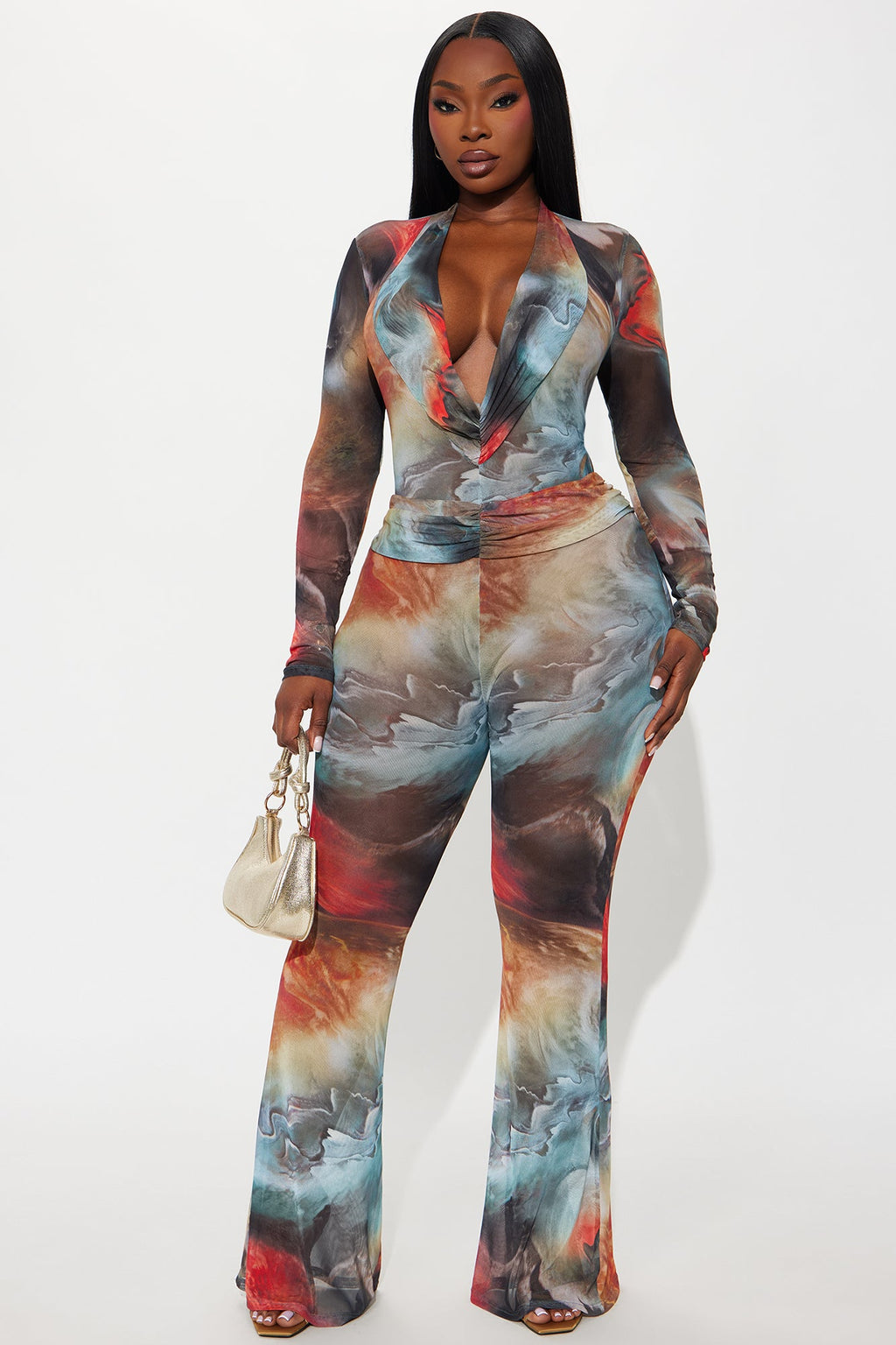 Deep Desires Mesh Bodysuit Pant Set - Multi Color