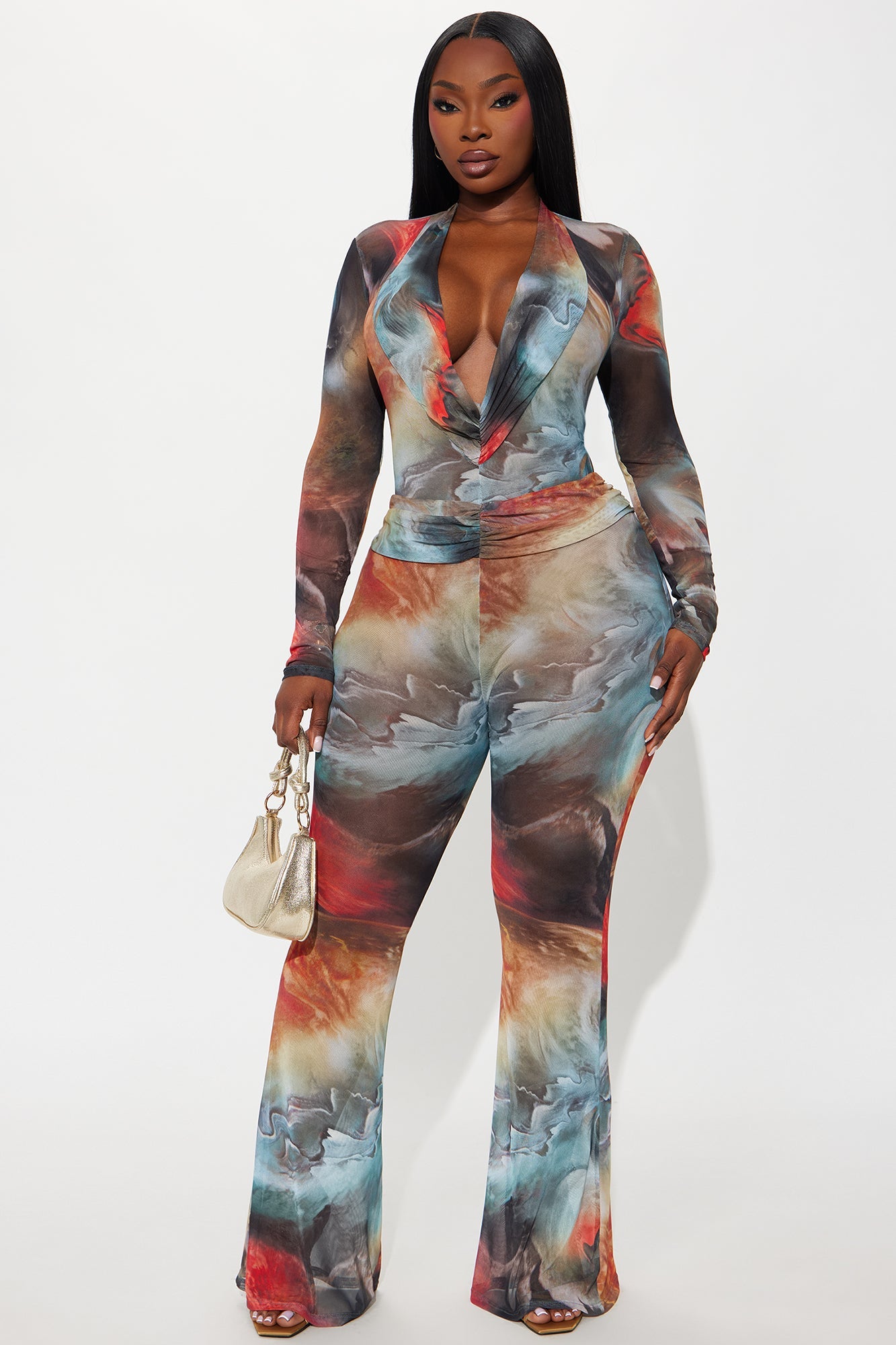 Deep Desires Mesh Bodysuit Pant Set - Multi Color