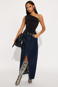 Miranda Denim Front Slit Midi Skirt - Dark Wash