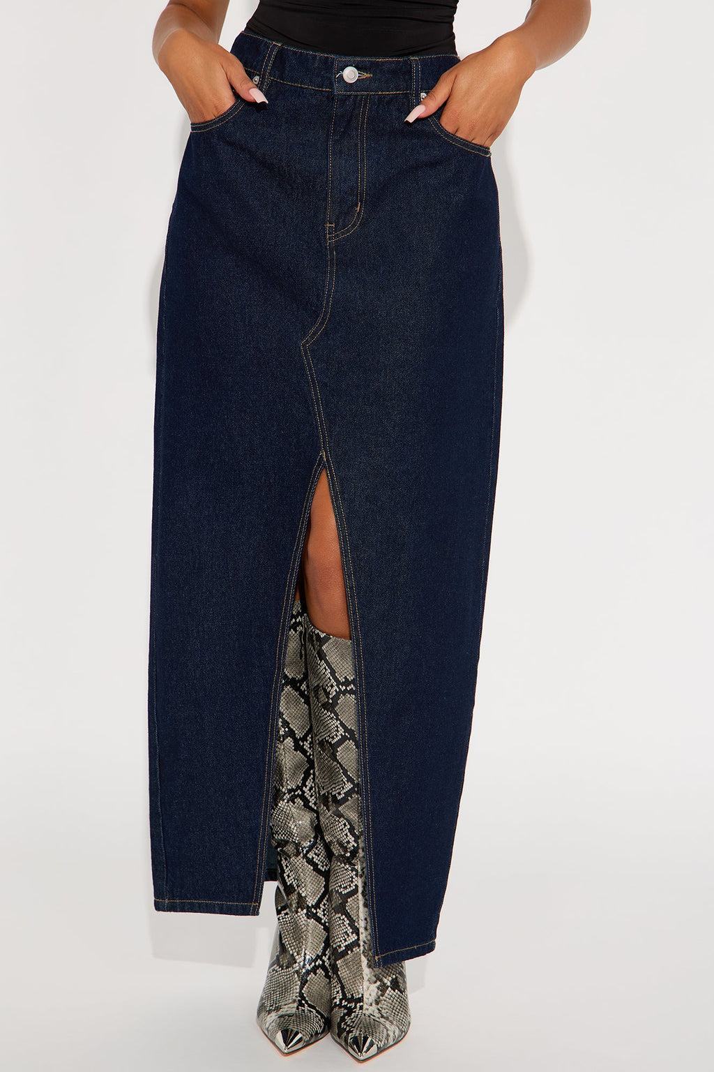Miranda Denim Front Slit Midi Skirt - Dark Wash