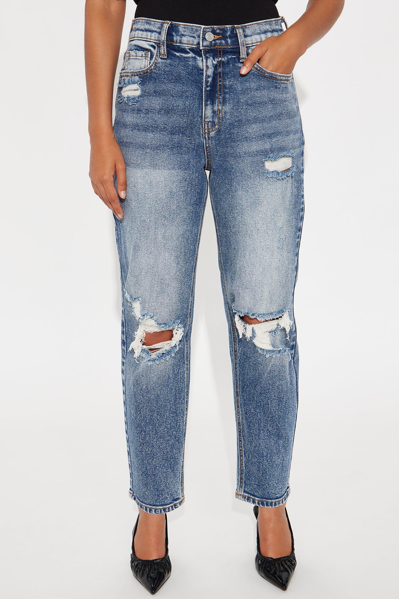 Raleigh Ripped Mom Jeans - Dark Wash