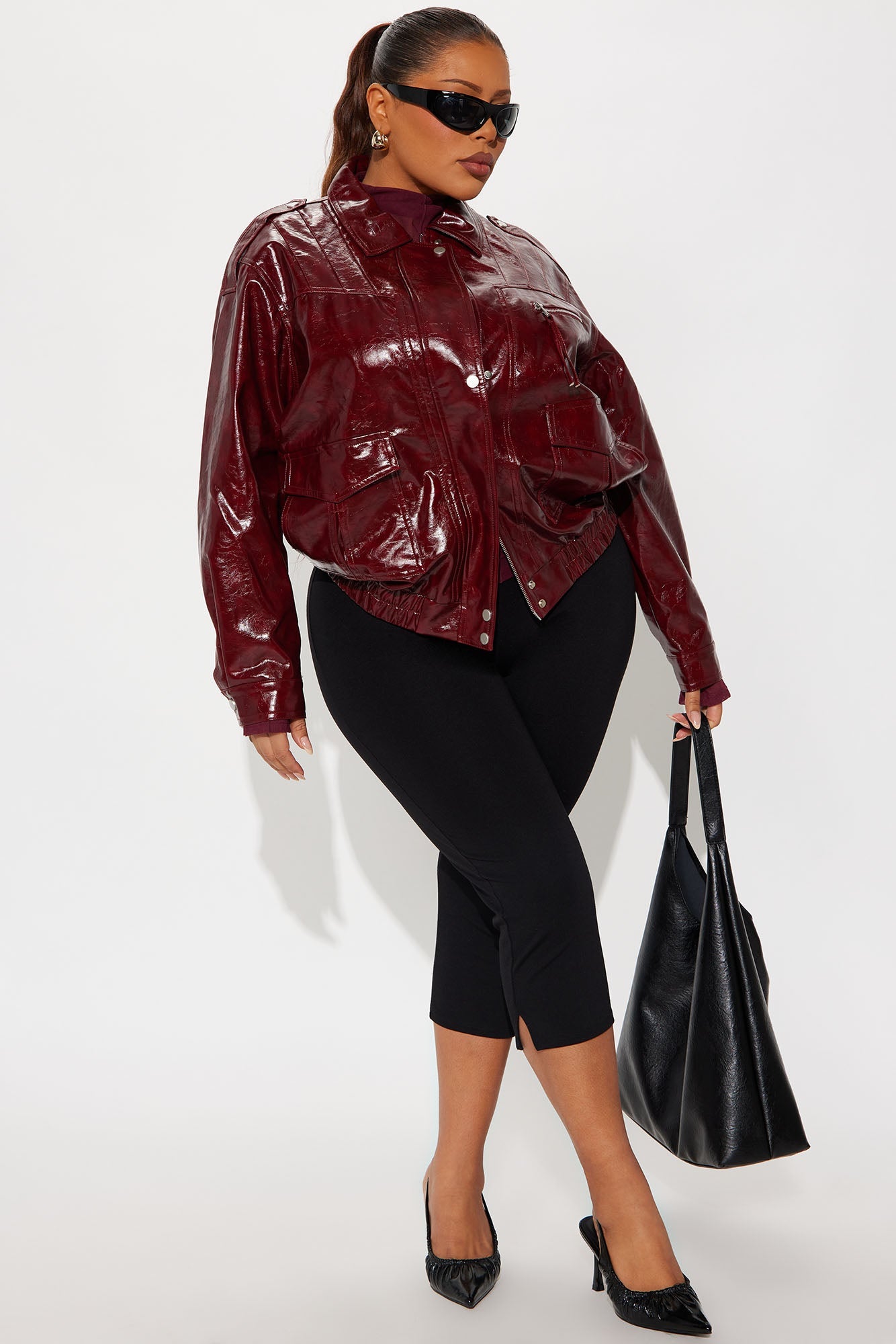 Follow My Lead Faux Leather Oversized Bomber Jacket - Burgundy