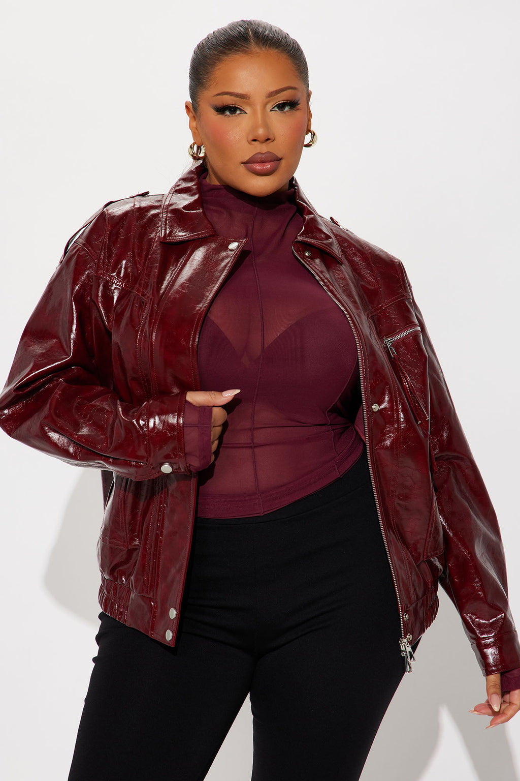 Follow My Lead Faux Leather Oversized Bomber Jacket - Burgundy