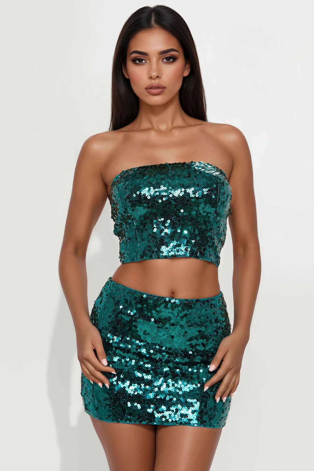Party Sequin Tube Top Mini Skirt Set - Emerald