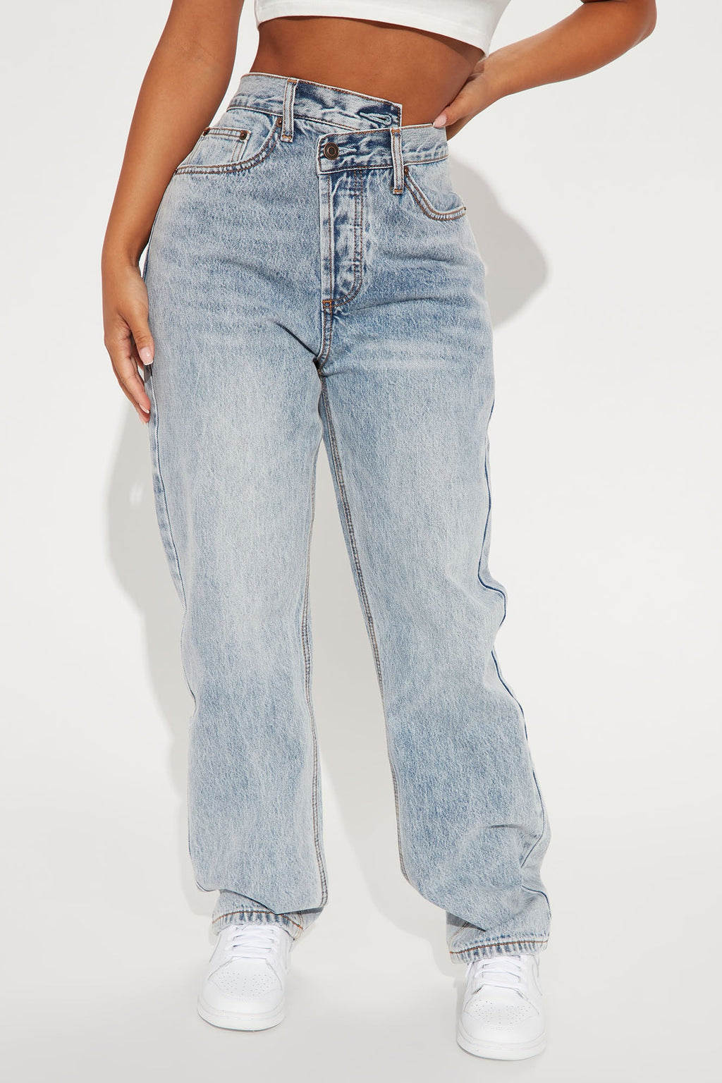 Short Inseam Crossover Straight Leg Jeans - Light Blue Wash
