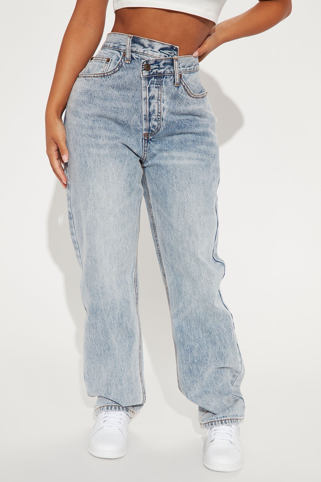 Short Inseam Crossover Straight Leg Jeans - Light Blue Wash