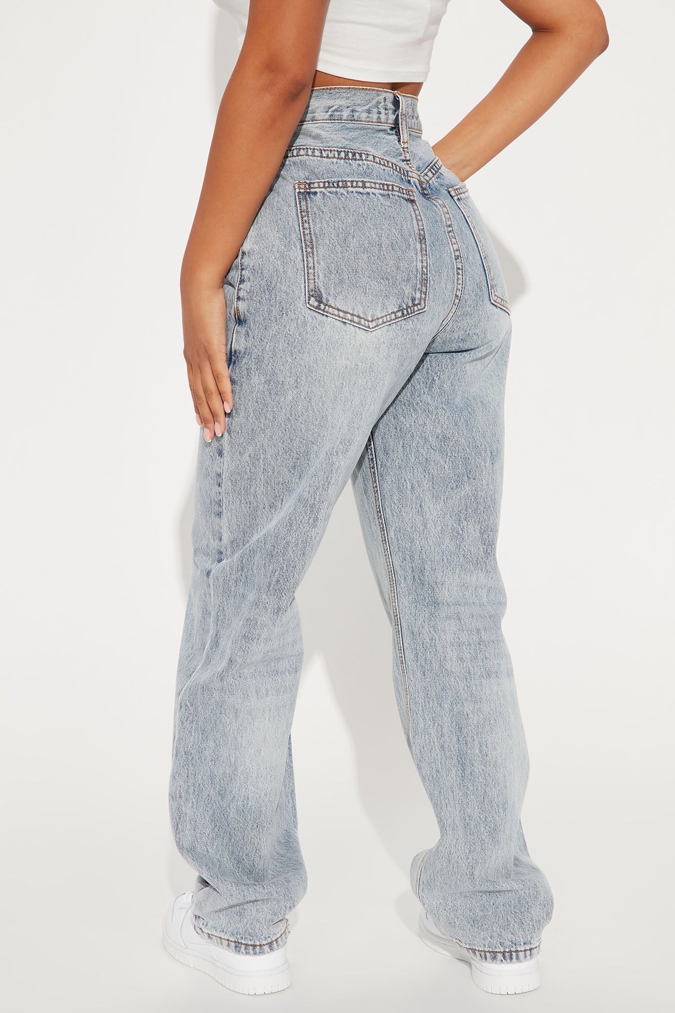 Short Inseam Crossover Straight Leg Jeans - Light Blue Wash