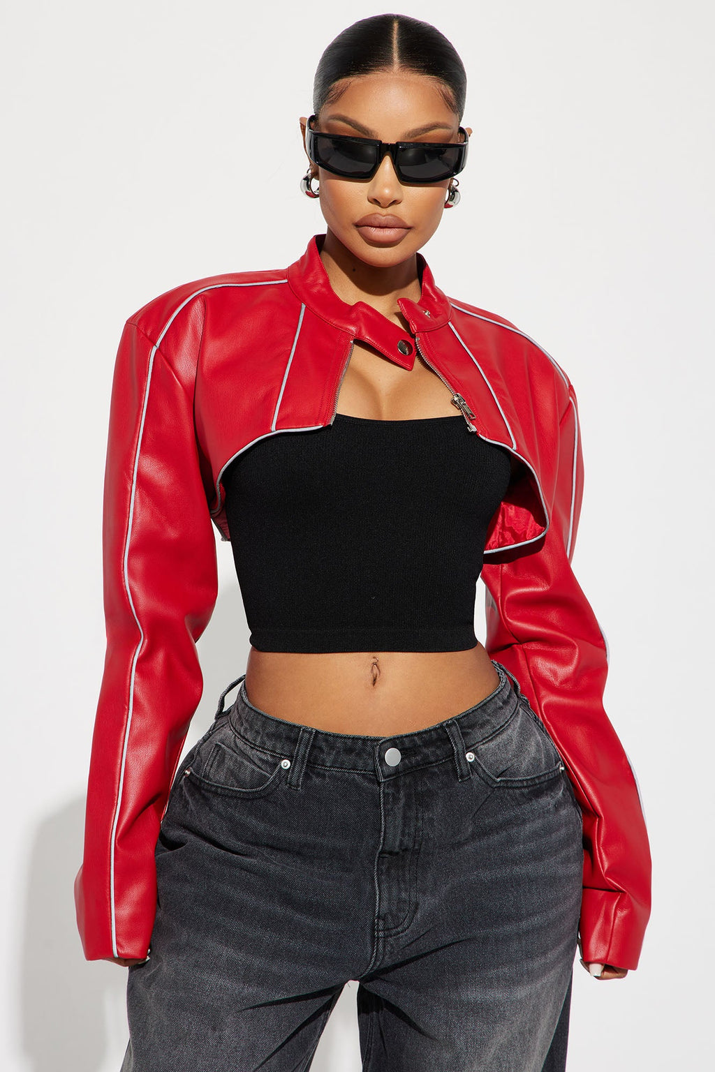 Jessie Faux Leather Cropped Bolero Jacket - Red