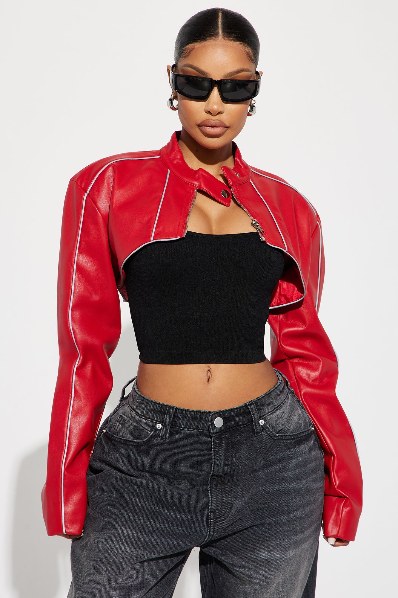 Jessie Faux Leather Cropped Bolero Jacket - Red