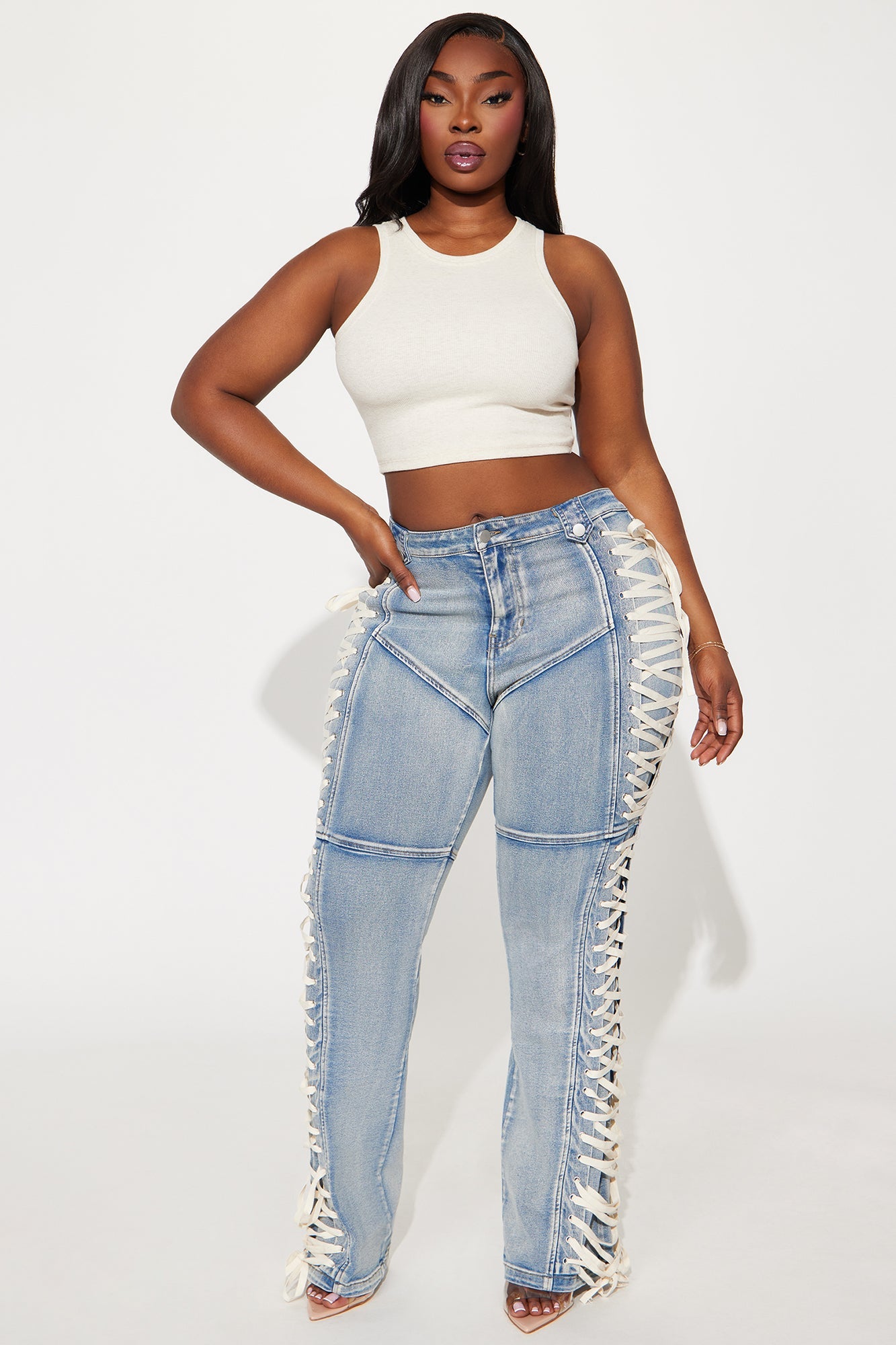 Jaw Dropper Stretch Lace Up Bootcut Jeans - Medium Wash