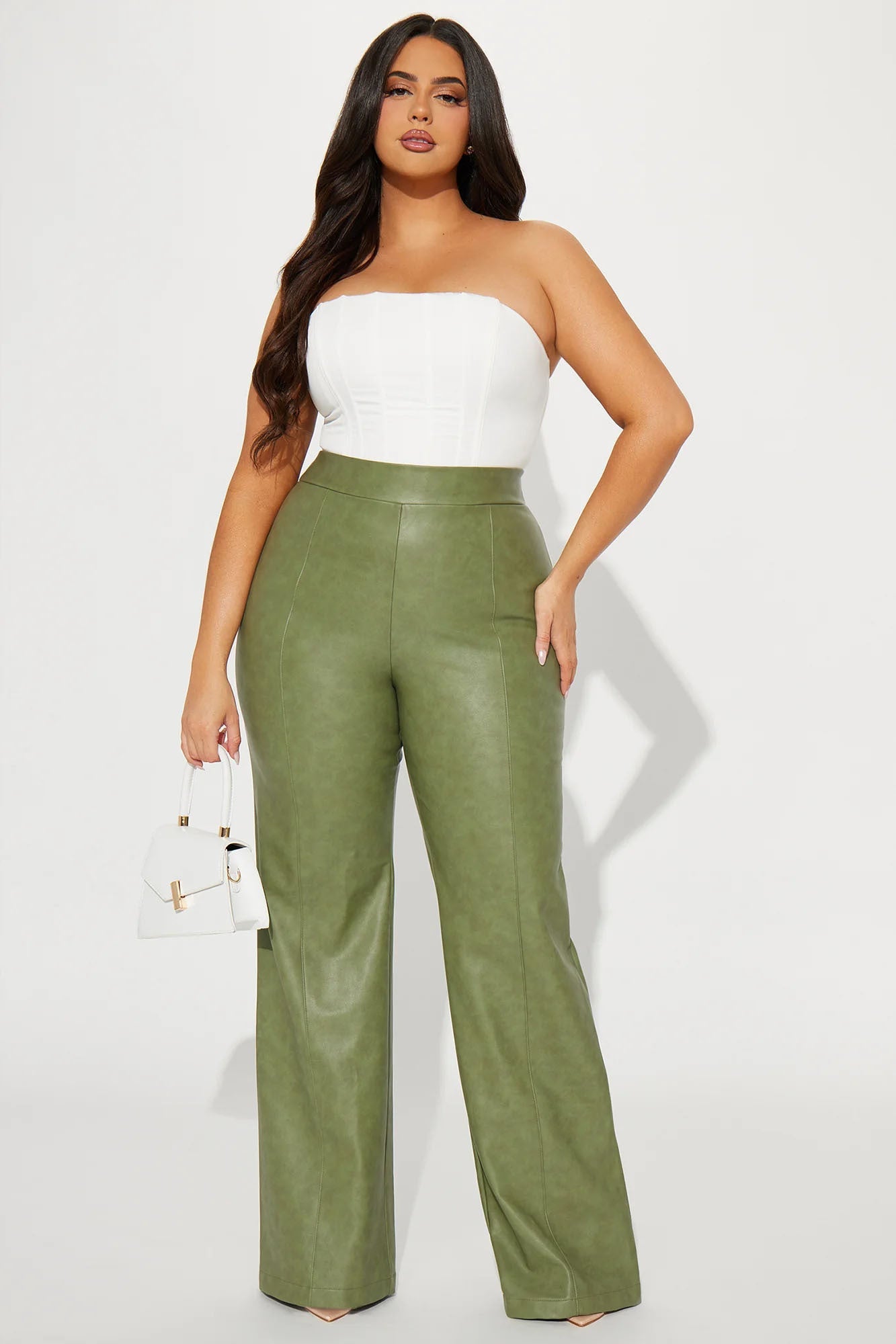 Victoria High Waisted Washed Faux Leather Dress Pants - Olive