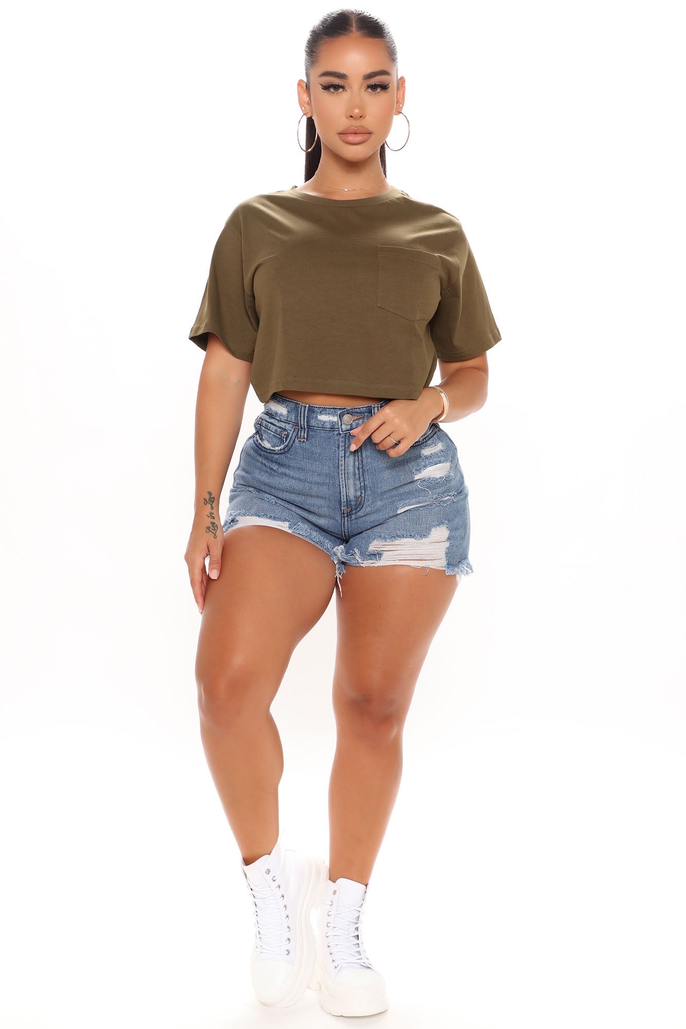 Elisa Relaxed Crop Tee - Olive