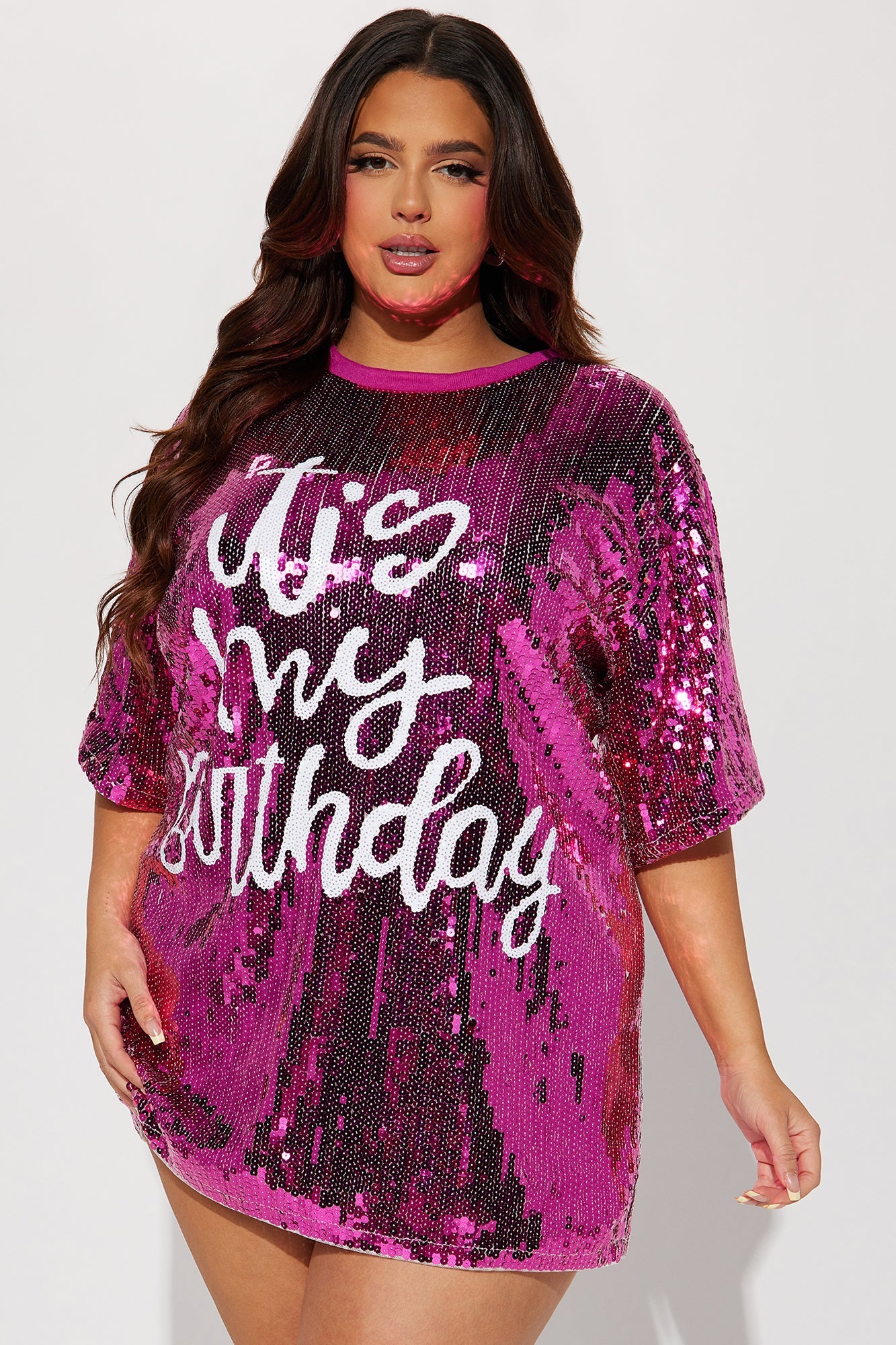 Birthday Queen Sequin Shirt Dress - Hot Pink/combo
