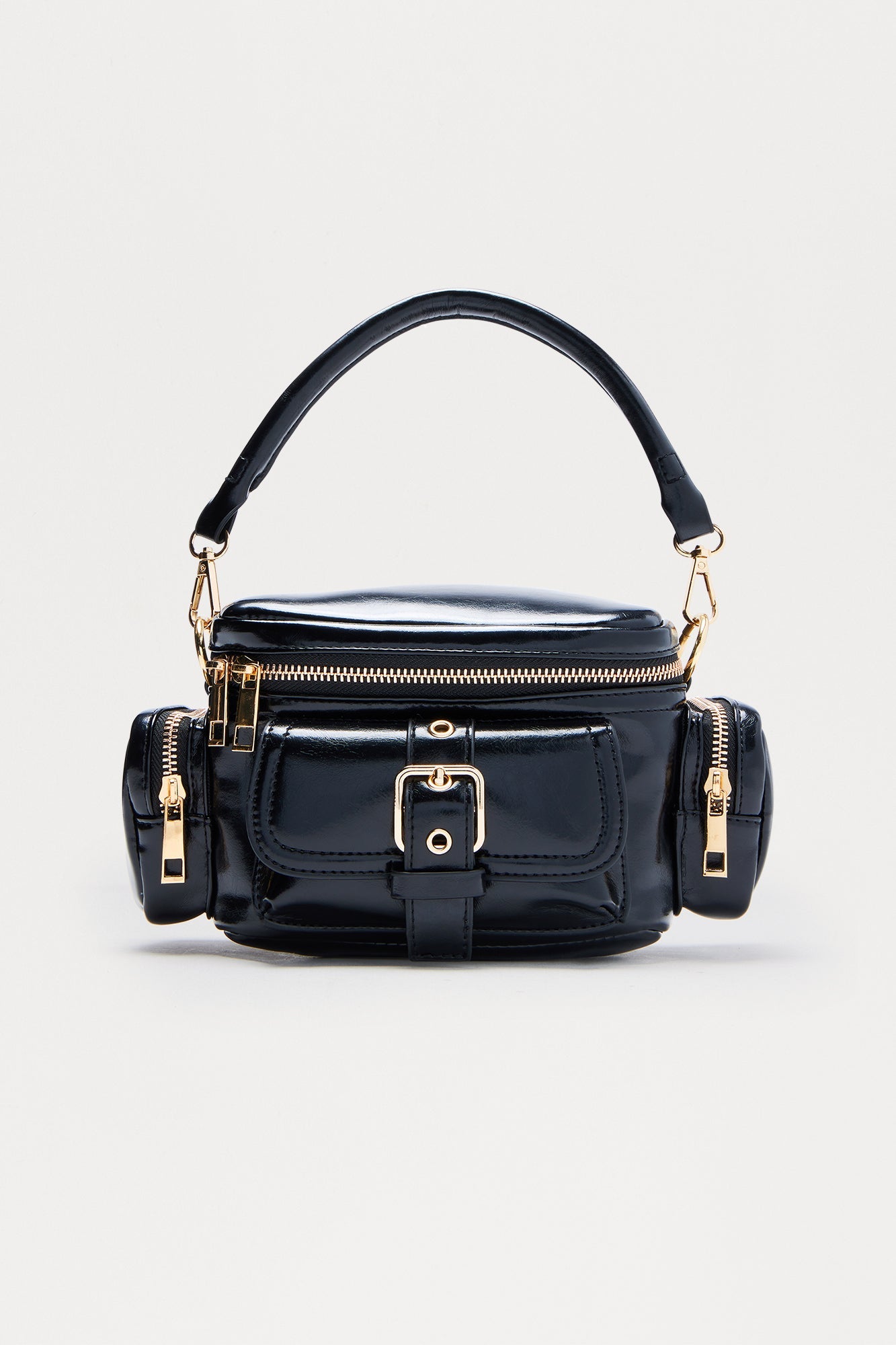 All In One Faux Leather Satchel Handbag - Black