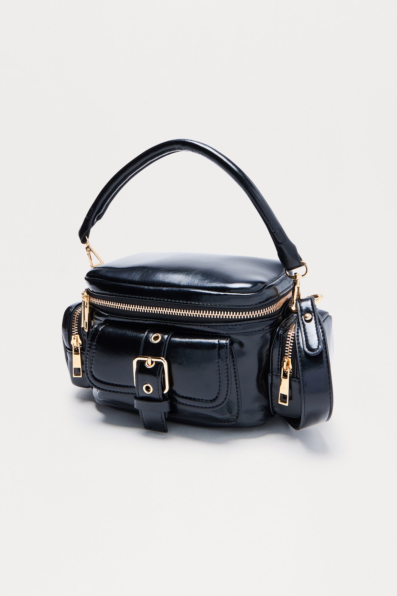 All In One Faux Leather Satchel Handbag - Black