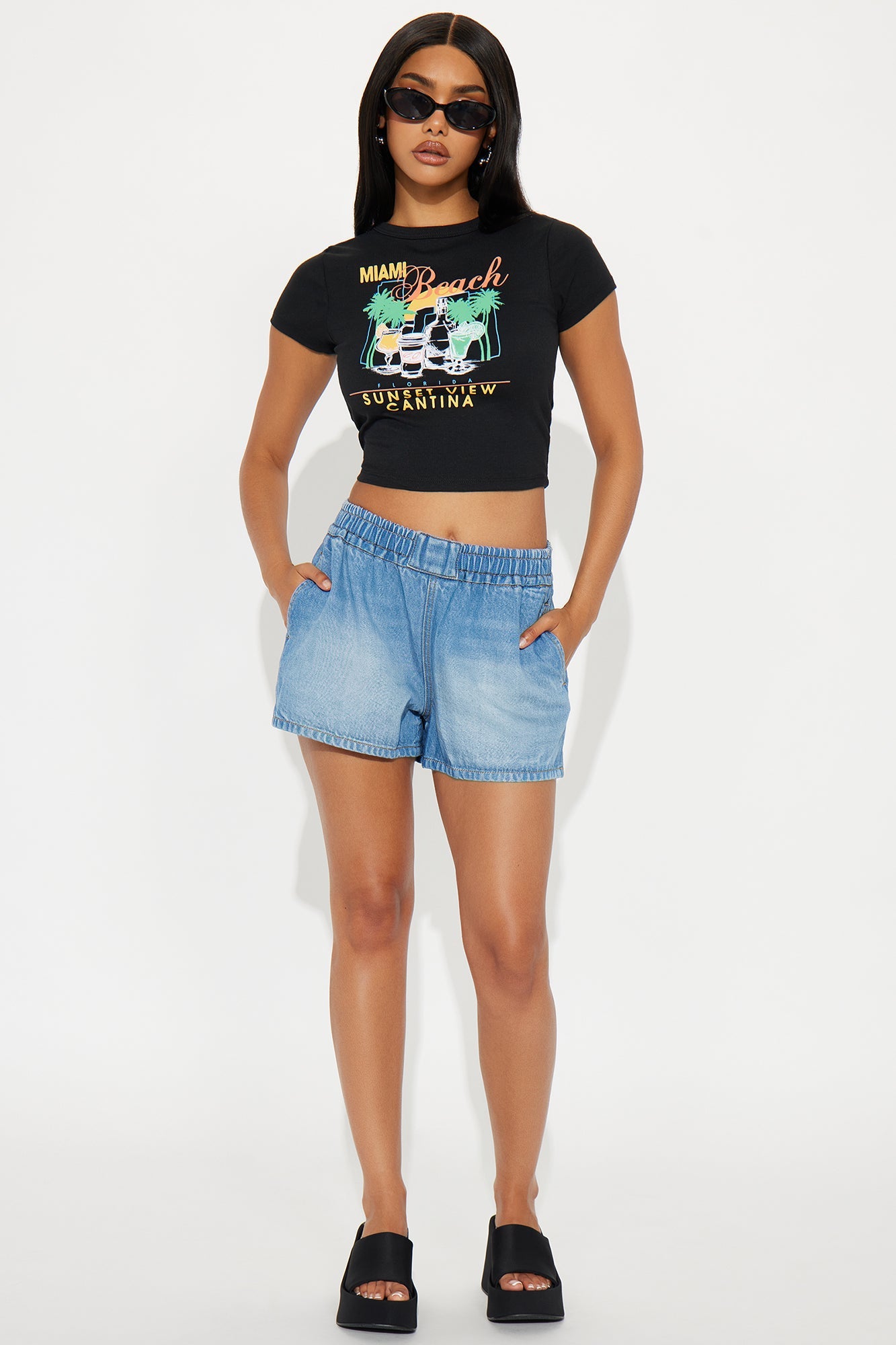 Sweet Talk Drapey Boxer Denim Shorts - Vintage Wash