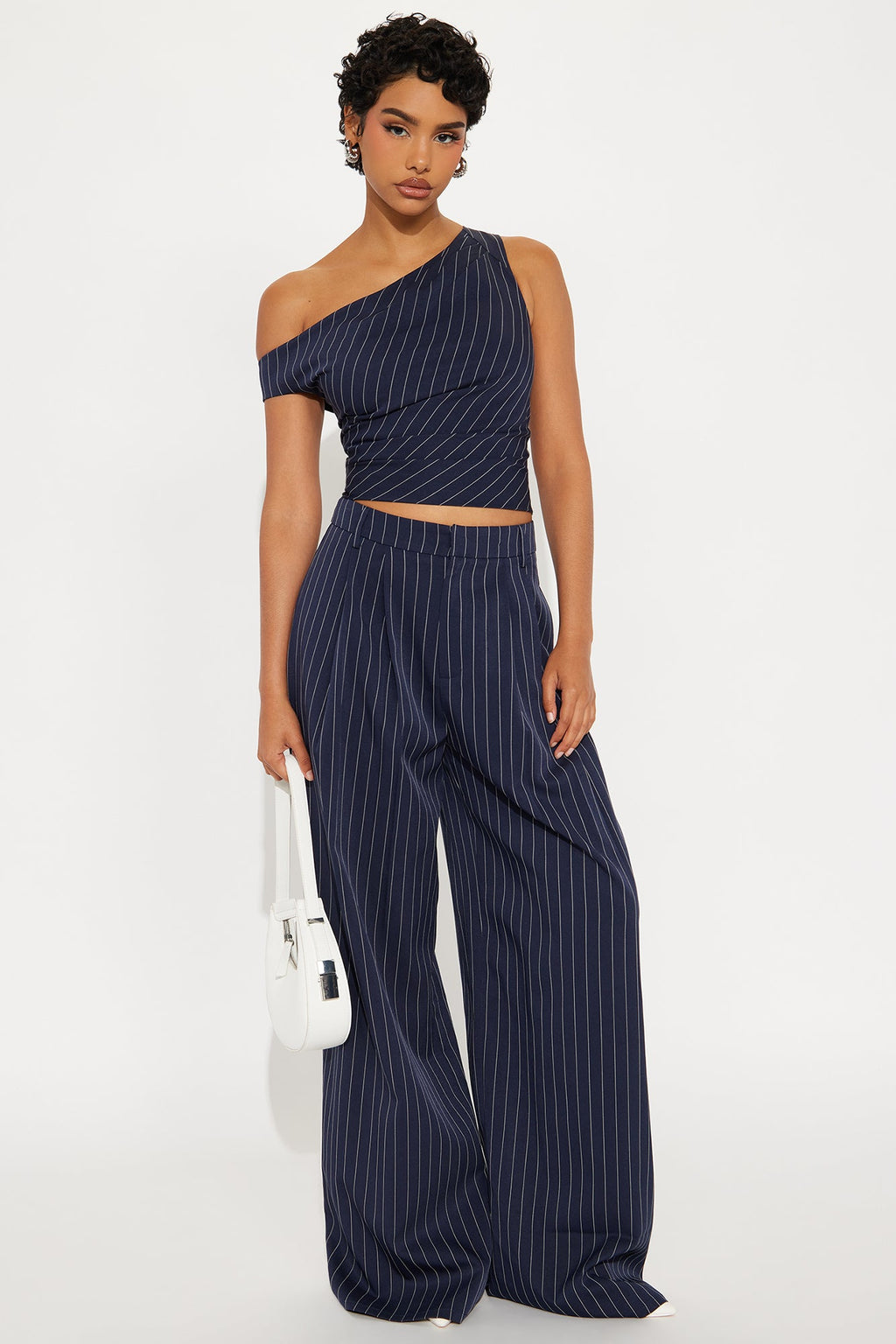 All Business Pinstripe One Shoulder Pant Set - Navy