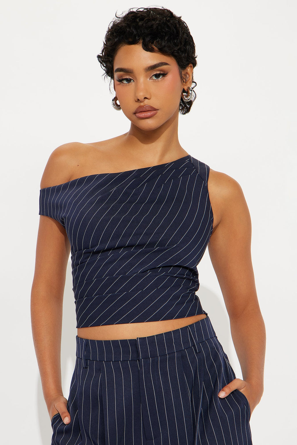 All Business Pinstripe One Shoulder Pant Set - Navy