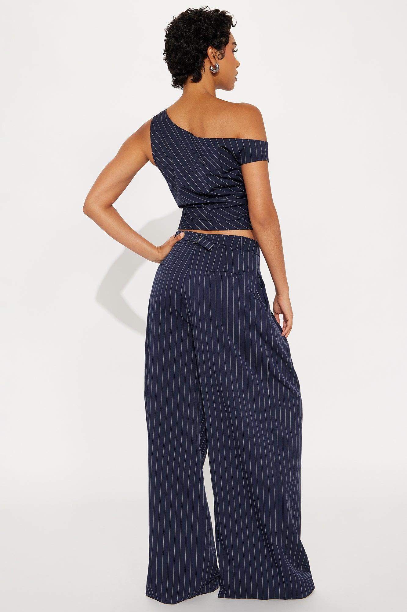 All Business Pinstripe One Shoulder Pant Set - Navy