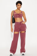 Cut It Out Denim Pant Set - Burgundy