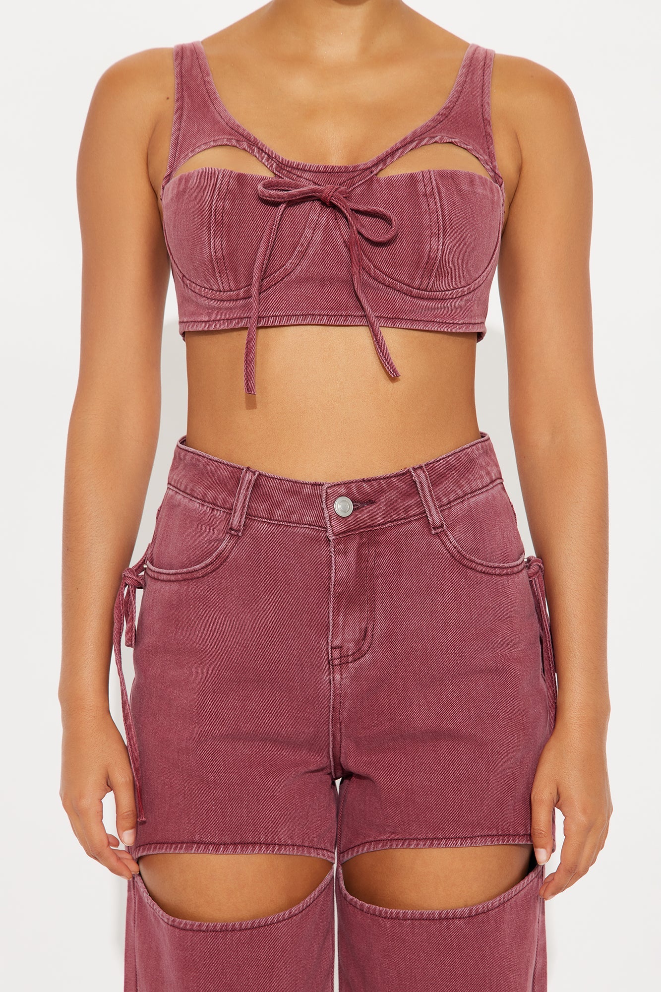 Cut It Out Denim Pant Set - Burgundy