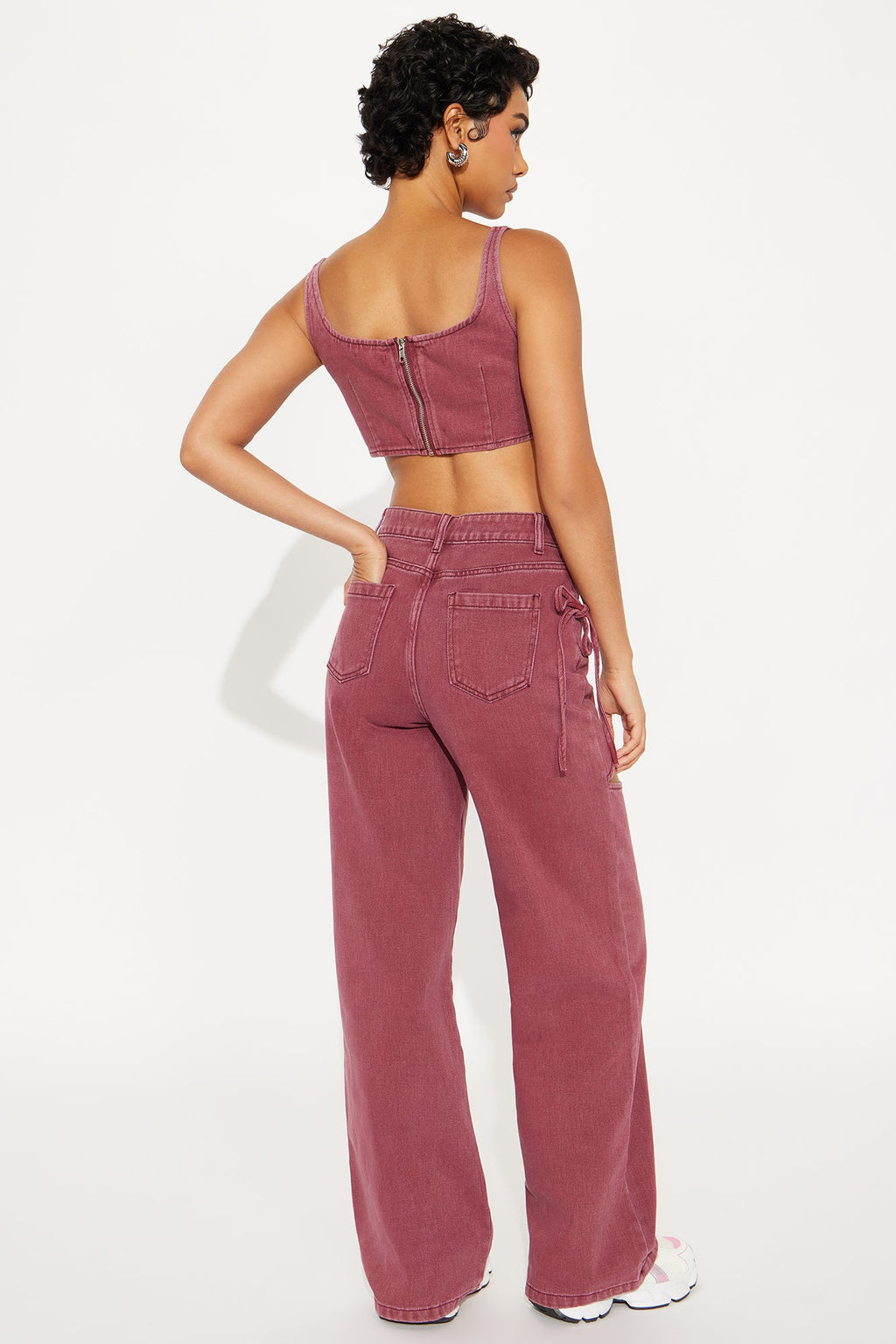 Cut It Out Denim Pant Set - Burgundy