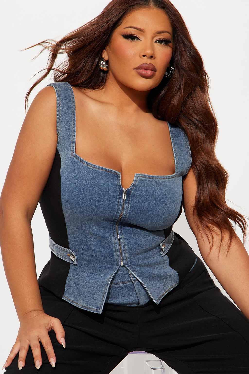 Shayla Denim Mix Wide Leg Pant Set - Black