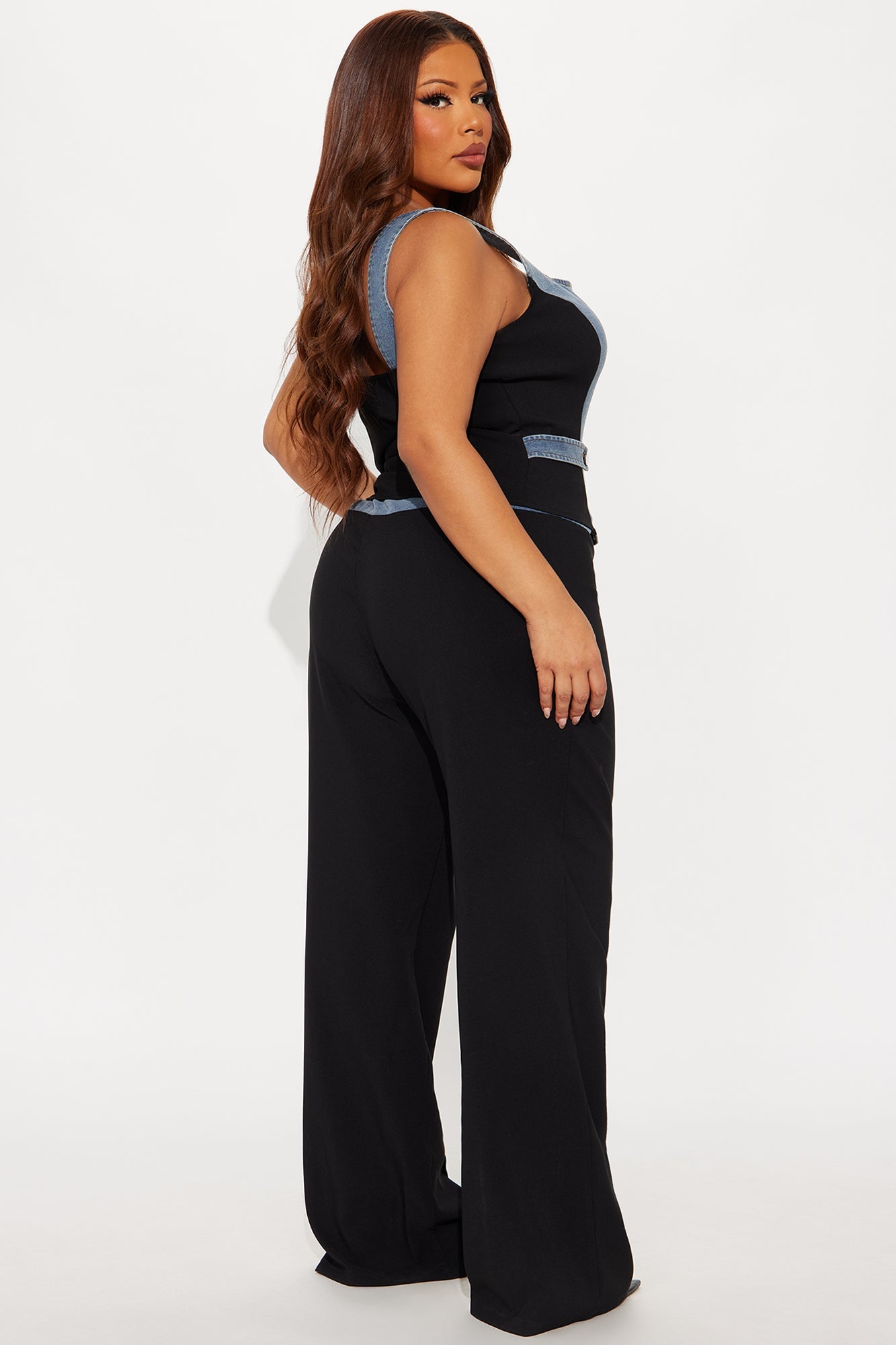 Shayla Denim Mix Wide Leg Pant Set - Black