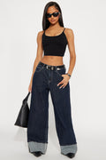Central Park Cuffed Wide Leg Jeans - Dark Wash