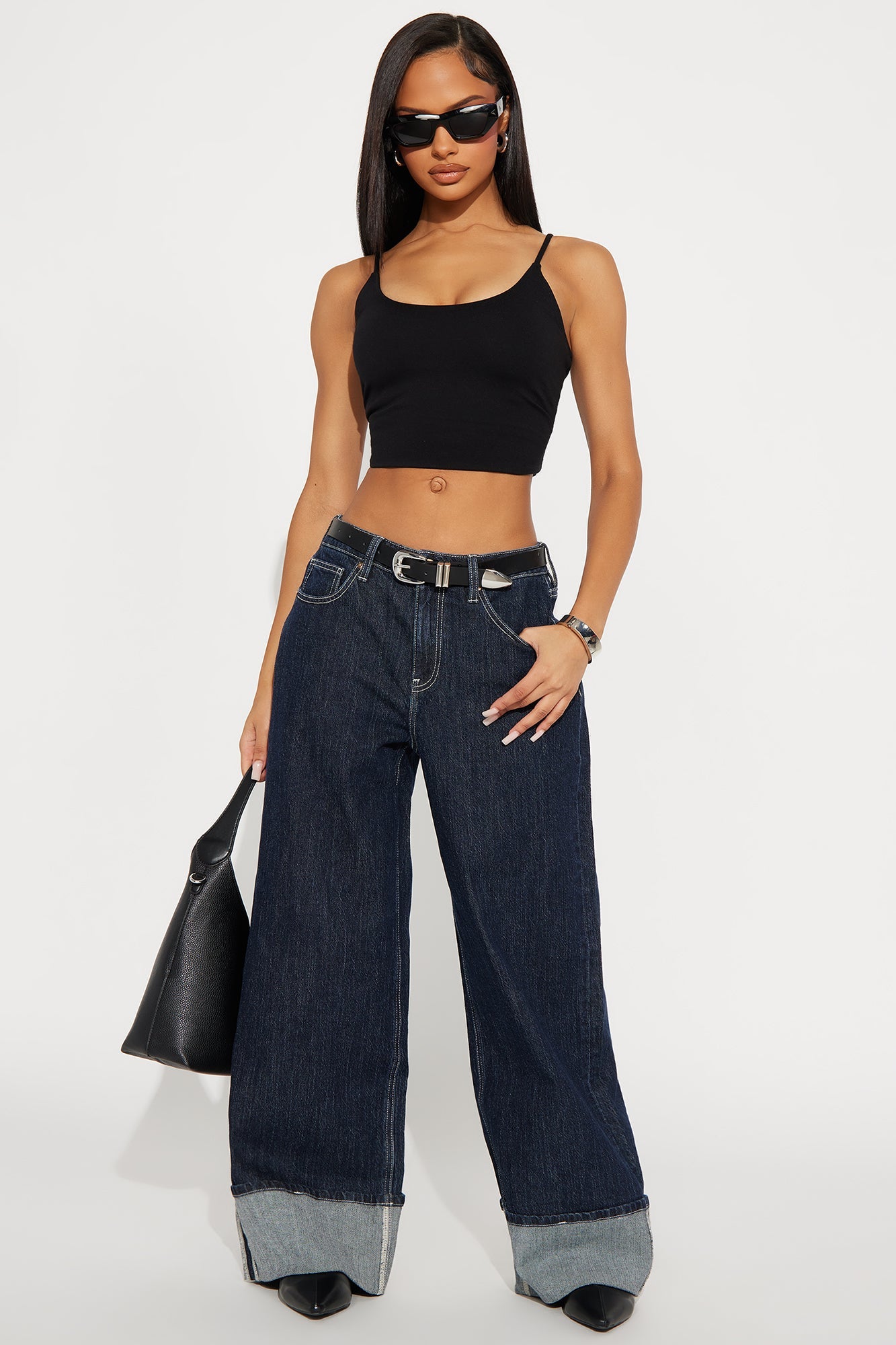 Central Park Cuffed Wide Leg Jeans - Dark Wash
