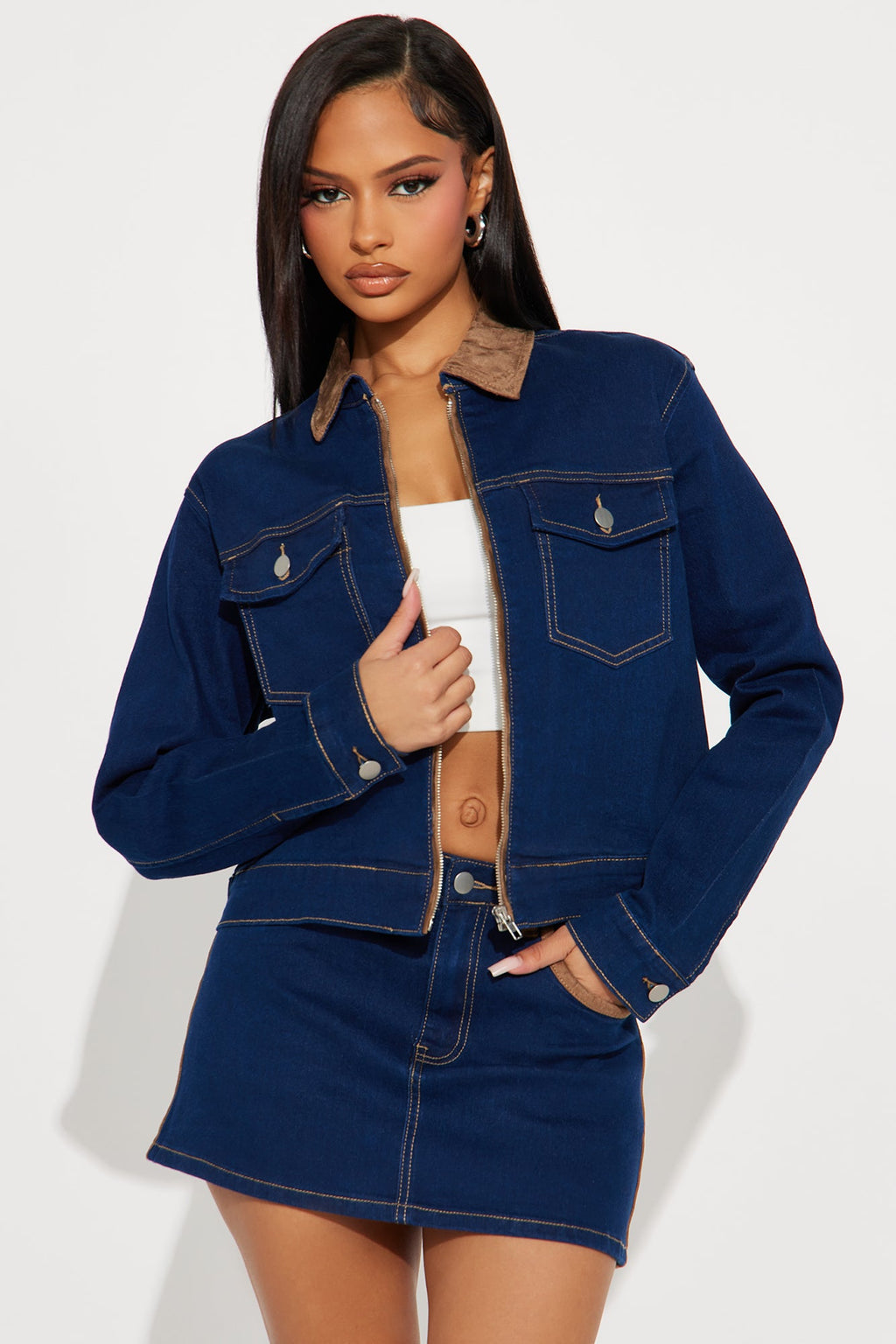 Jaqueline Denim Jacket Mini Skirt Set - Dark Wash