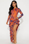 Santana Ruffle Mesh Maxi Dress - Orange/combo