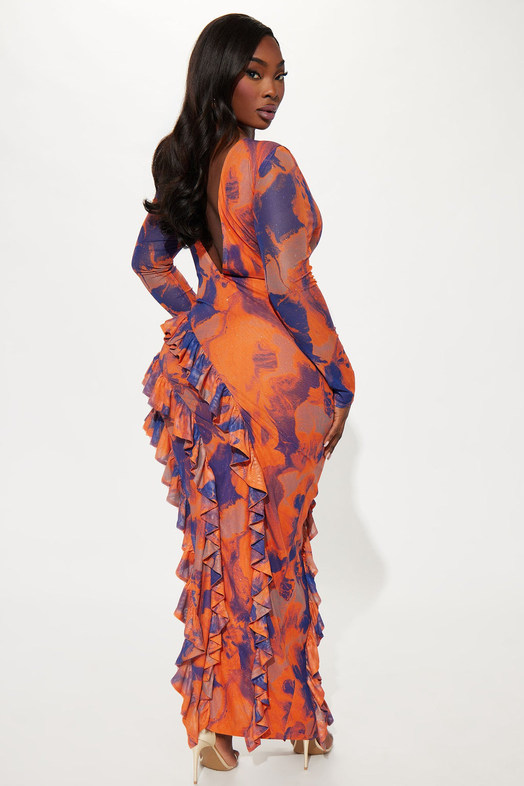 Santana Ruffle Mesh Maxi Dress - Orange/combo