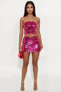 Party Sequin Tube Top Mini Skirt Set - Magenta