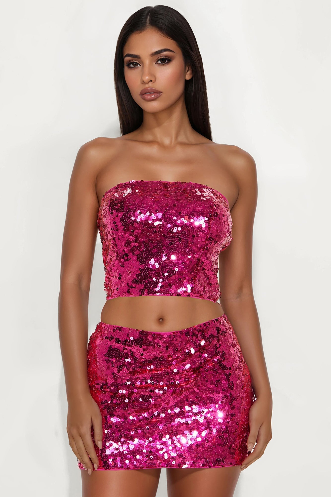 Party Sequin Tube Top Mini Skirt Set - Magenta