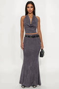 Crush Faux Suede Backless Halter Skirt Set - Charcoal