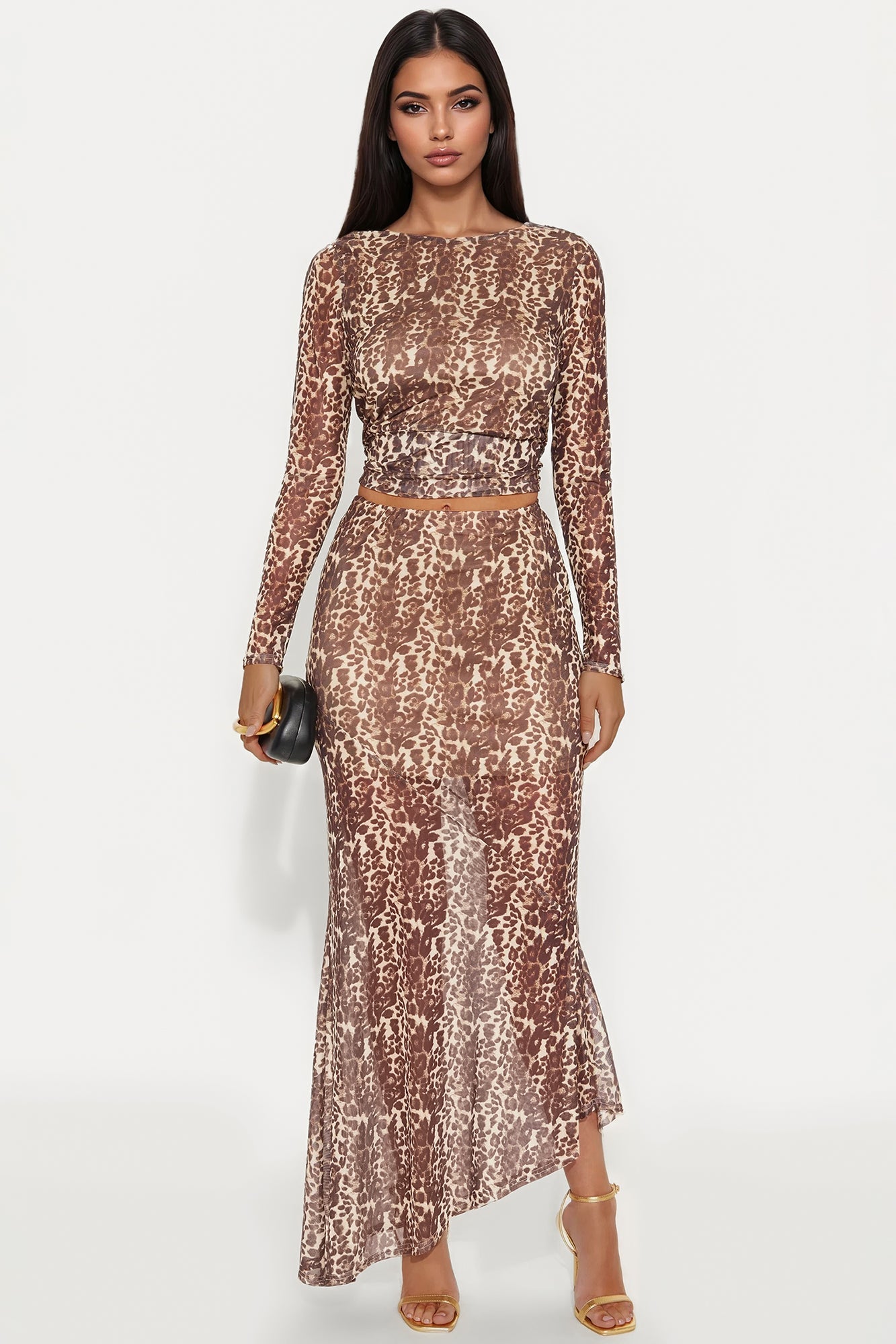 Camila Leopard Mesh Maxi Skirt Set - Brown Combo