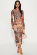 Hazel Leopard Mesh Midi Skirt Set - Brown Combo