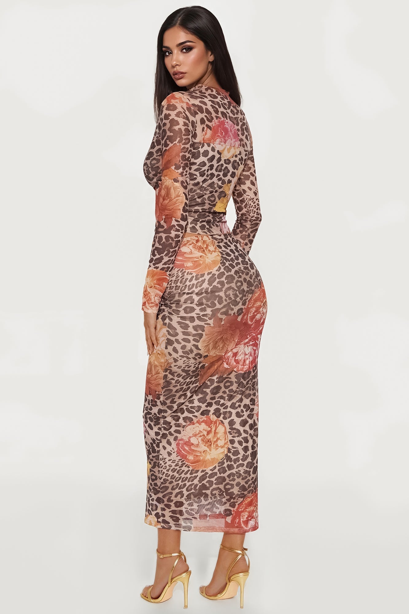 Hazel Leopard Mesh Midi Skirt Set - Brown Combo